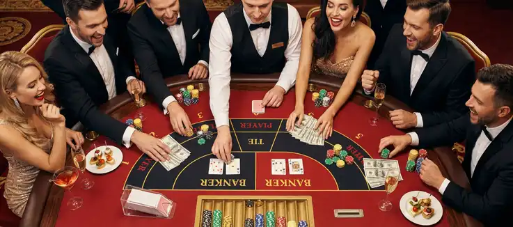 players getting ready to place their bet on a baccarat table