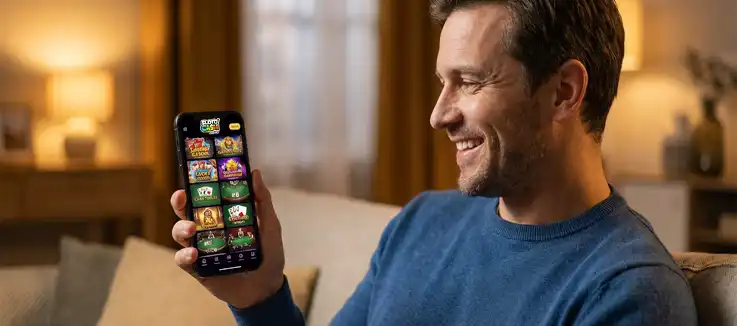 man happily looking at his phone pleased with the games his online casino is offering him to play