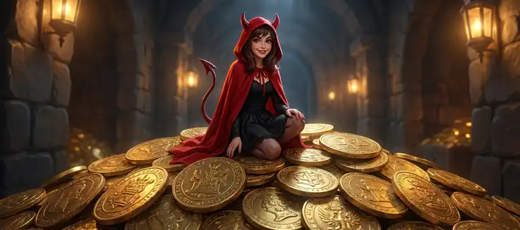 Woman dressed as a devil sitting next to piles of coins  