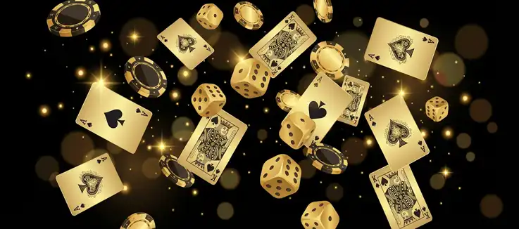black and gold casino chips, cards and dice floating around