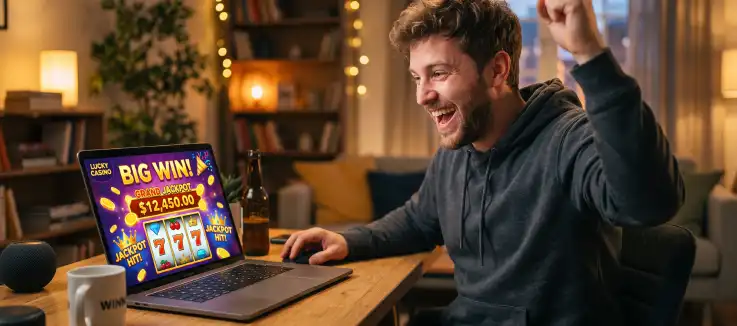 Man celebrating as he looks at his laptop screen