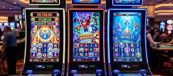 3 slot machines with engaging graphic imagery 