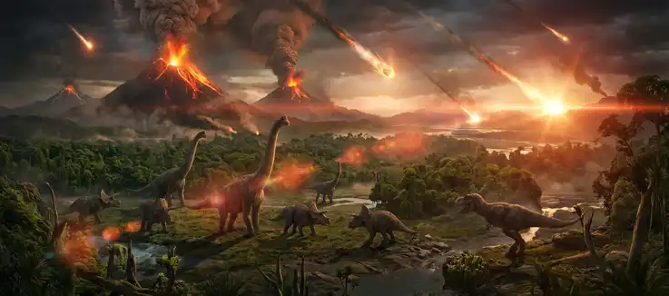 Dinosaur looking at a spewing volcano
