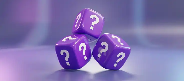 3 purple dice with question marks