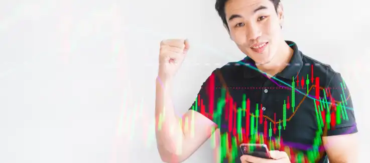 man holding a cell phone, pumping his hand in victory, with a graph overlaid onto the photo