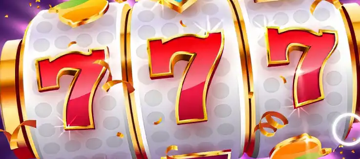 3 reel slot showing 777 with stars and confetti flying around on a purple background.