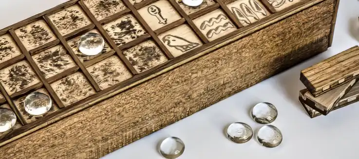 senet game - and old box with tiles and rings