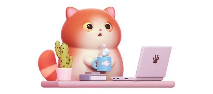 drawing of a chubby cat holding a mug while on a laptop