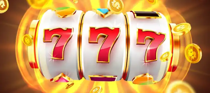 777 in red on a golden slot machine and casino chips flying around