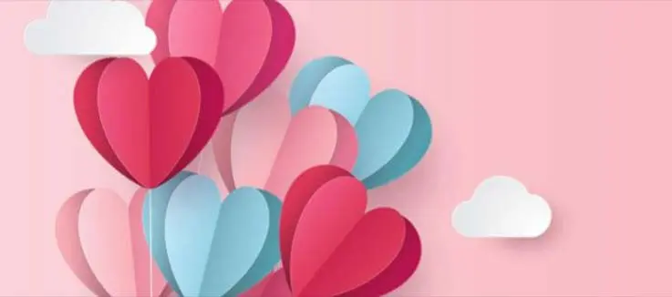 drawing of white, red and pink heart balloons lifting a gift up into the sky