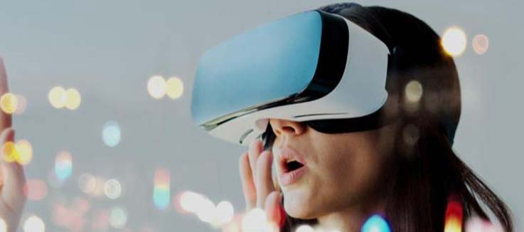 woman wearing and playing with a futuristic VR gaming headset